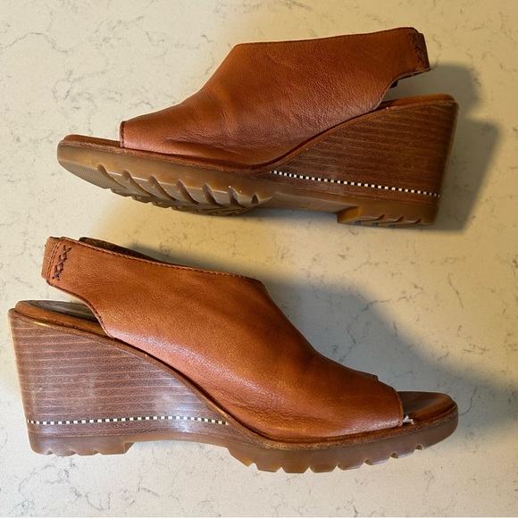 Sorel Nadia Camel Brown Leather Slingbacks Wedge Heeled Sandals - Picture 15 of 16